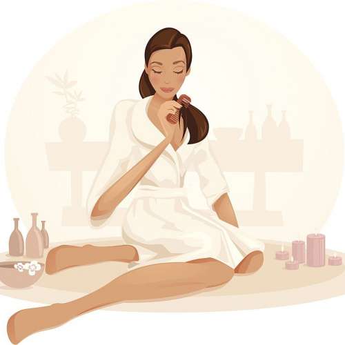 Illustration of a girl brushing her hair in a spa. Woman and background are layered separately.
